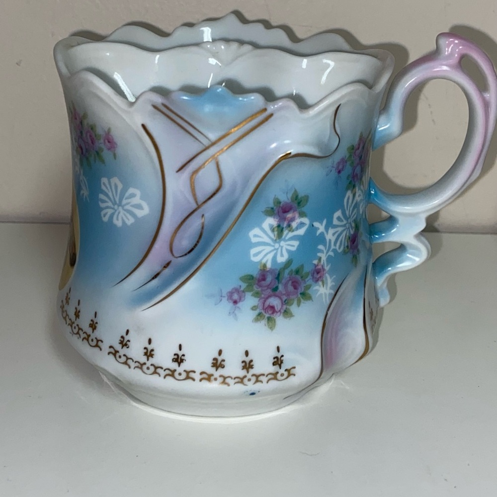 Vintage Mustache Cup Shaving Mug Porcelain Hand Painted Flowers Gold Trim
